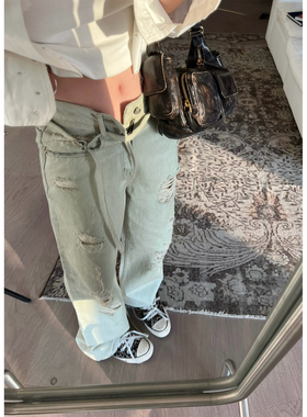 Xinlei Lin “时髦精”水泥灰做旧破洞直筒牛仔裤休闲长裤女春夏