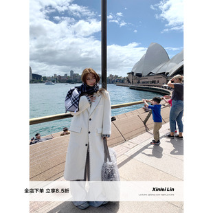 Xinlei Lin  “冬季恋歌”独家设计格子拼接假两件毛呢大衣长款