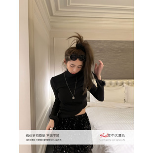 黑色打底长袖 Xinlei 感修身 细节纽扣水袖 T恤 lin