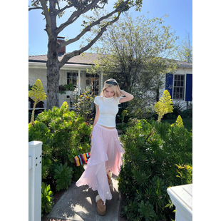 Xinlei Lin 雾纱折影 不规则多层压褶飘逸雪纺中长款半身裙