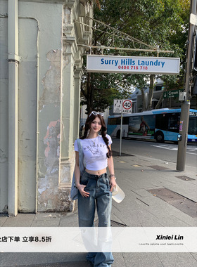 Xinlei Lin“腊肠狗的独白”多色印花短款紧身短袖T恤上衣女春夏