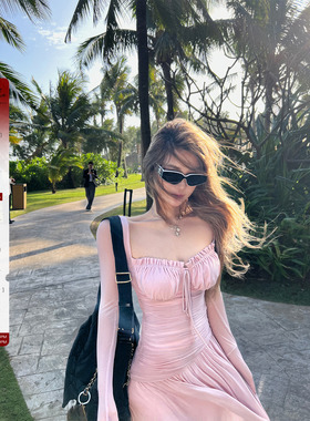 Xinlei Lin 乌木玫瑰 不对称分割褶皱显瘦拼接网纱长袖连衣裙