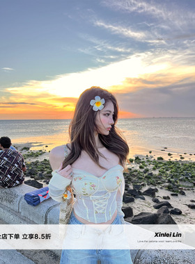 Xinlei Lin “海岛假日”du家定制牛仔印花拼接网纱鱼骨两穿上衣