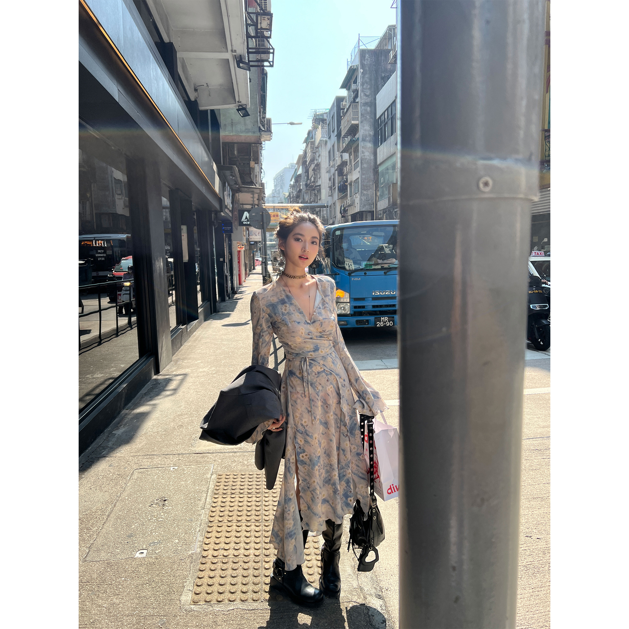 Xinlei lin 春夏新款 主推！私服ac*e印花蓝色碎花连衣裙长裙女