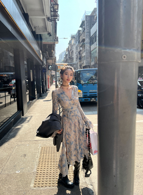 Xinlei lin 春夏新款 主推！私服ac*e印花蓝色碎花连衣裙长裙女