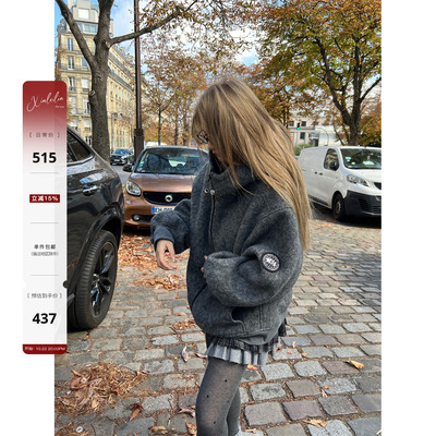 XinleiLin灰色羊毛廓形卫衣外套