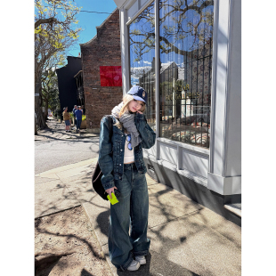 Xinlei Lin 丹宁玩家 私服复古线街头做旧牛仔外套阔腿牛仔裤套装