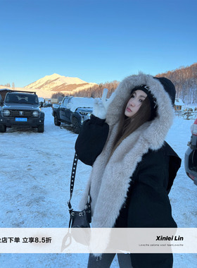 Xinlei Lin “绒绒暖意”拼毛水洗工装连帽夹克棉服外套女秋冬