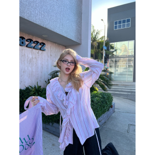 story spring open Xinlei 不对称设计荷叶边条纹轻薄衬衫 Lin