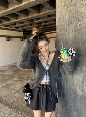 Xinlei Lin  灰色慵懒感仿羊驼系带毛针织衫女春夏针织开衫上衣