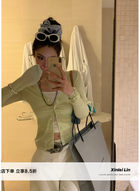 Xinlei Lin“奶酪薄荷”天丝羊毛清透蕾丝花边长袖T恤打底衫女春