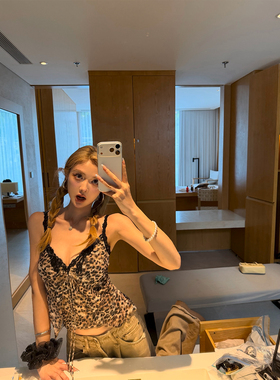 Xinlei Lin 美式甜心 sk*ms同款樱桃豹纹蕾丝印花假两件吊带