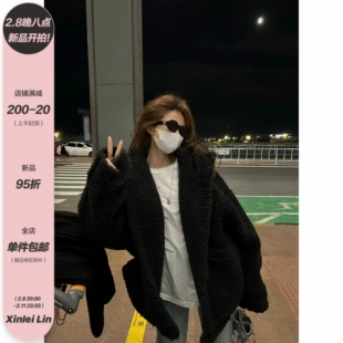 lin 大颗颗粒绒黑色廓形带帽大外套 一件过冬 Xinlei 2022冬季 新款