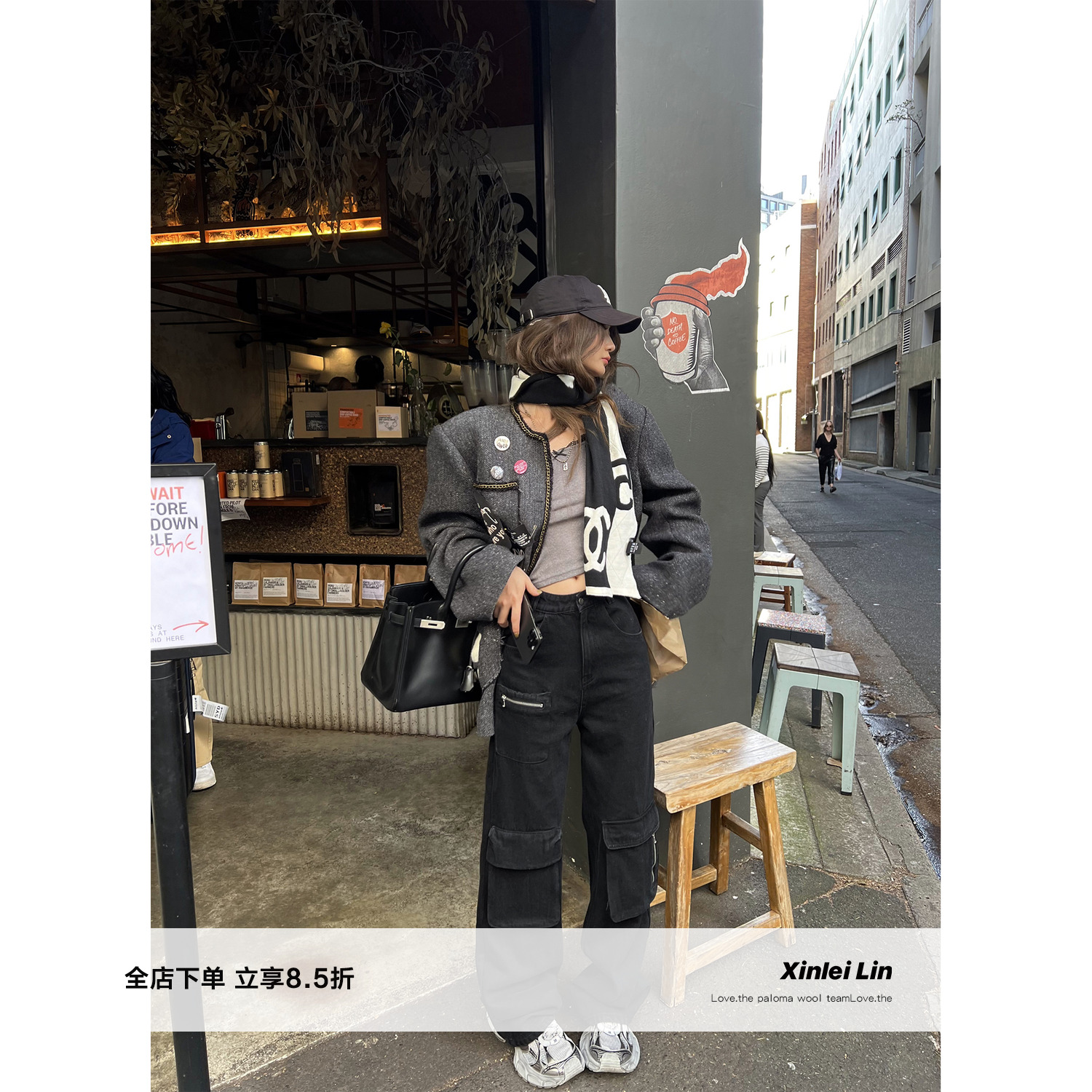 XinleiLin黑色工装休闲长裤
