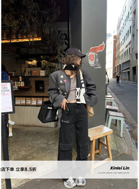 Xinlei Lin “有机碰撞”牛仔水洗棉工装裤女黑色长裤休闲裤女