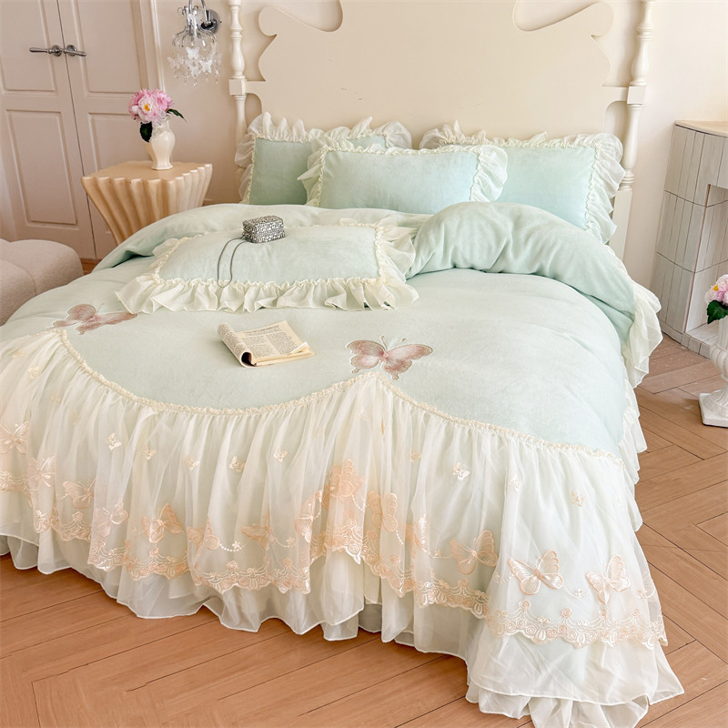公主风牛奶绒四件套韩版蕾丝边双面加绒加厚被套床单保暖床上冬季