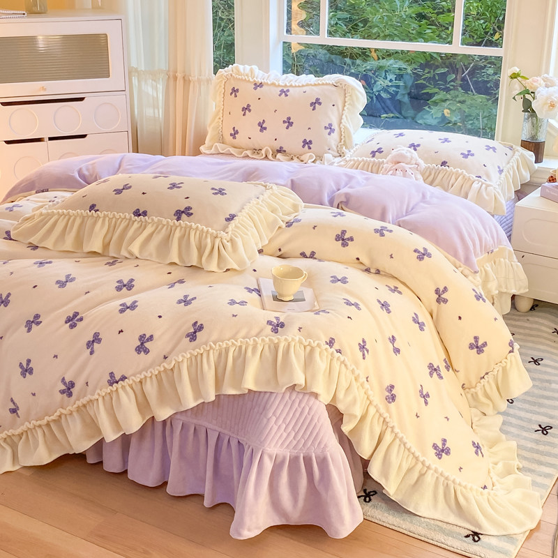 冬季牛奶绒加厚绗缝床盖四件套韩版花边珊瑚绒双面绒被套床裙床罩