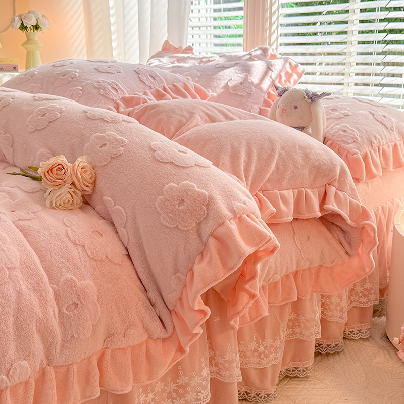 公主风雕花兔毛绒四件套床裙款加厚牛奶绒保暖双面绒被套床单冬季