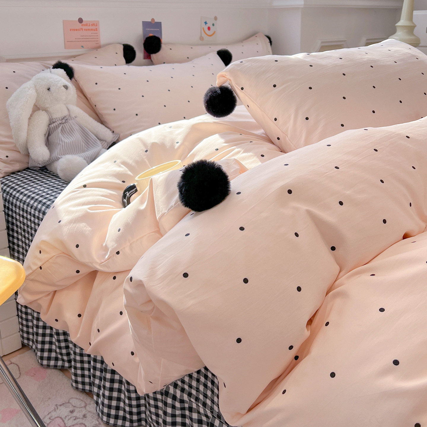 水洗棉波点黑格球球床盖床裙四件套亲肤床单被套四季床品新款