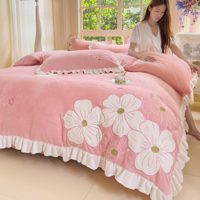 冬季公主风珊瑚牛奶绒床上四件套双面加绒花边法兰绒被套床单裸睡