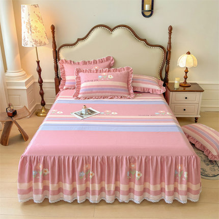 全棉磨毛床裙床罩纯棉花边床单床套防滑带裙边床围裙罩被套四件套