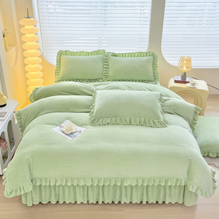 韩版 保暖珊瑚绒双面加绒花边被套床单床上 加厚牛奶绒四件套冬季