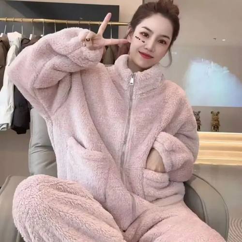 Winter Coral Velvet Pajamas Women Thickened Warm Zipper Loun