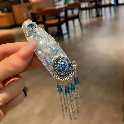 Blue Crystal Tassel Hairclips Luxurious Bohemian Zircon Edge