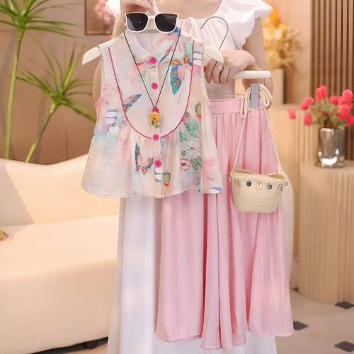 Girls New Chinese Style Sleeveless Doll Shirt Wide Leg Skirt