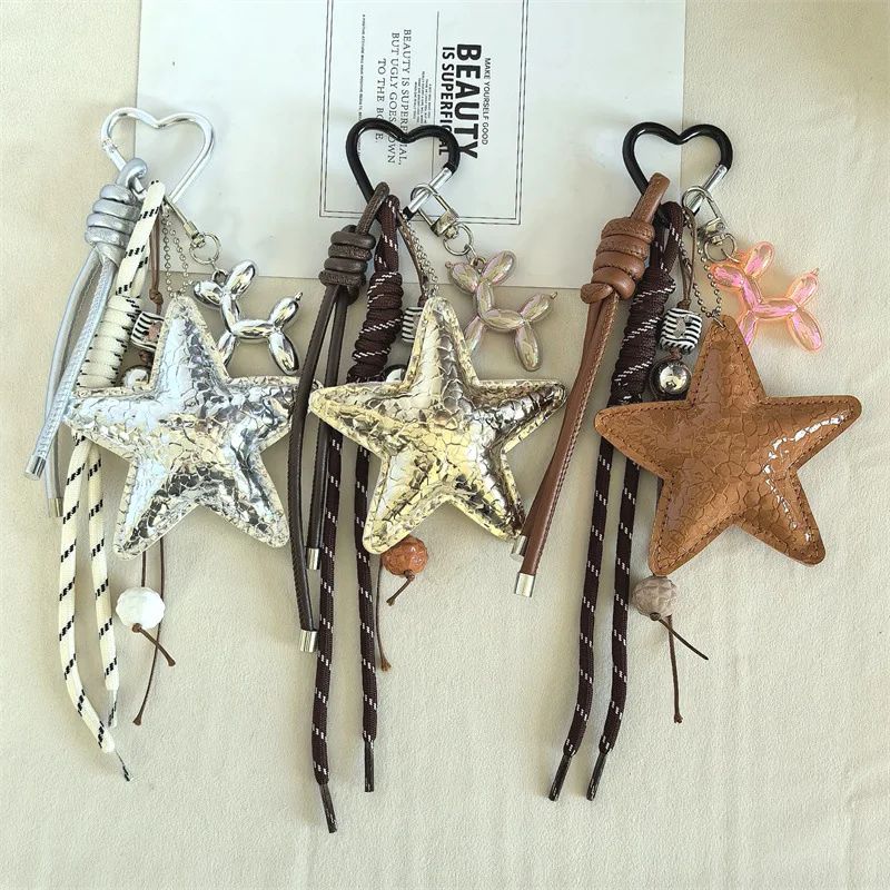 Y2k Leather Rope Keychain Star Cute Dachshund Bag Pendant 3d