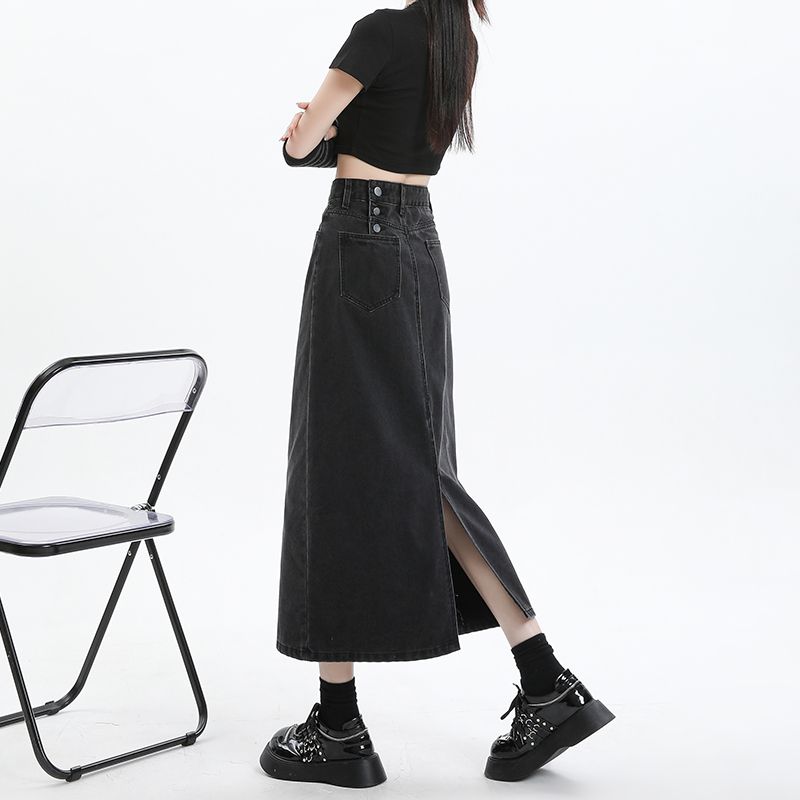 2025夏季流行新品灰黑色三排扣高腰牛仔半身裙女包臀后开叉裙子