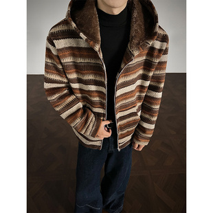 条纹针织开衫男款秋冬季加绒加厚美式复古上衣痞帅高街毛衣外套潮