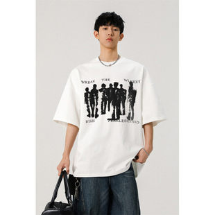 美式复古高级感痞帅短袖T恤宽松休闲高街260克重磅印花设计感情侣