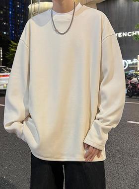 纯色圆领德绒打底衫男士秋冬季美式潮流宽松长袖t恤内搭休闲上衣