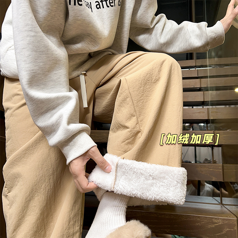 冬季加绒加厚保暖裤子男慵懒休闲裤美式宽松高街抽绳松紧腰阔腿裤