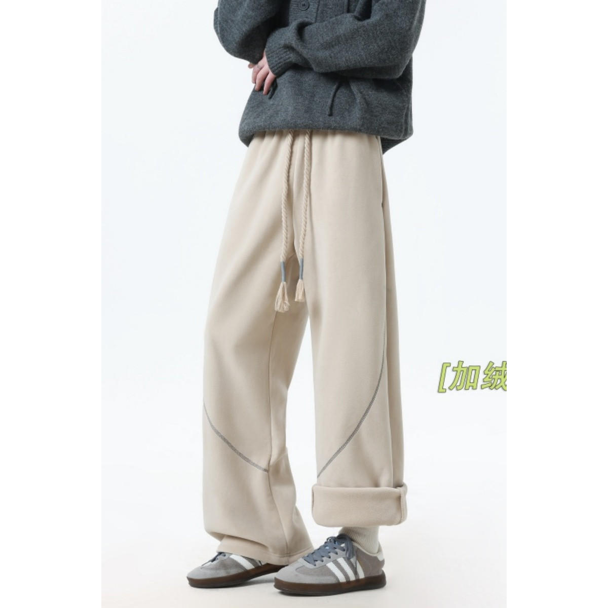 美式撞色哈苏线卫裤男加绒加厚保暖抽绳休闲裤纯色休闲弯刀运动裤