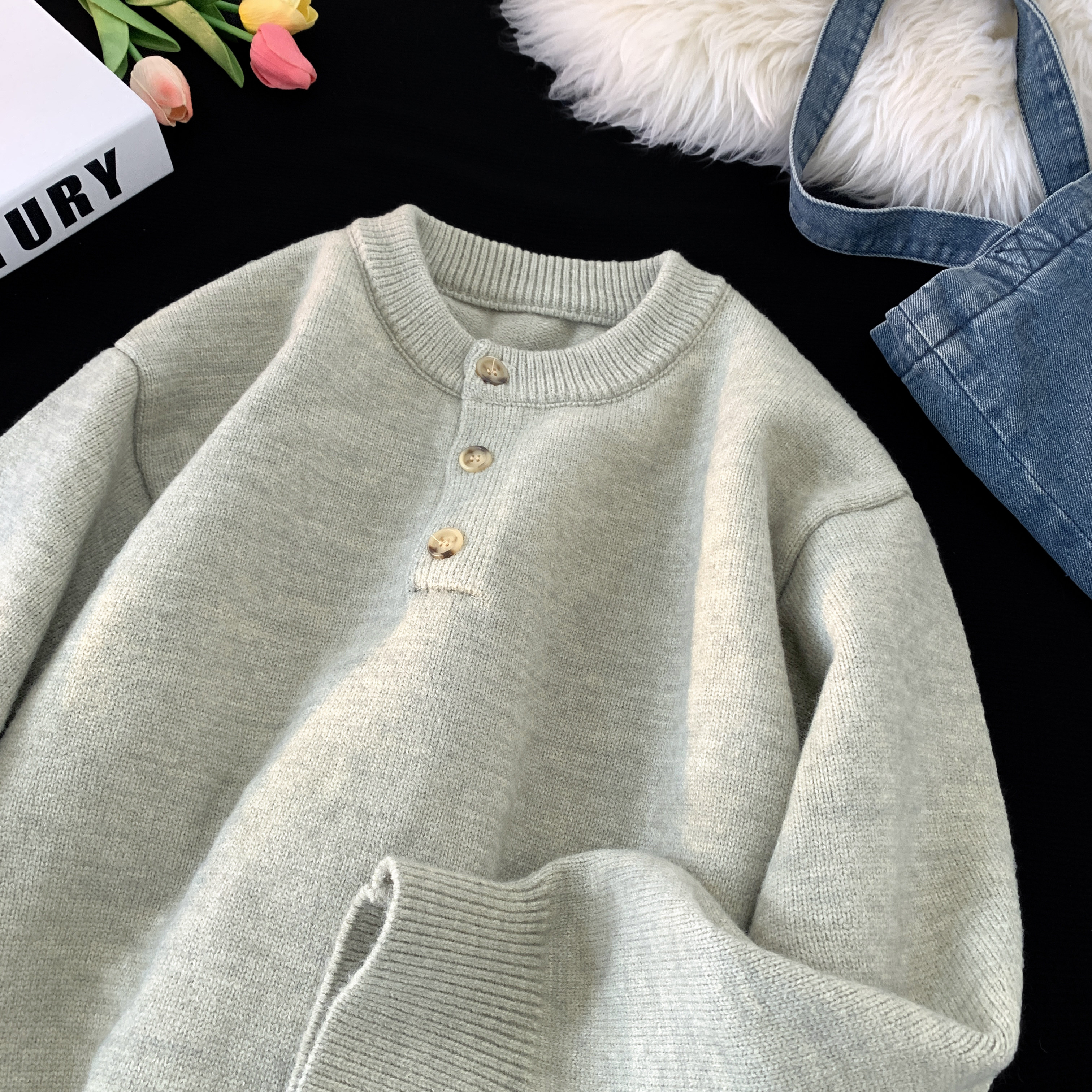 美式纯色亨利领毛衣男秋冬新款潮牌高级感针织衫休闲保暖情侣外套