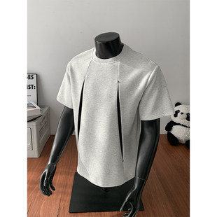 美式设计感拼接结构短袖T恤男2026夏季潮流ins小众圆领休闲体恤衫