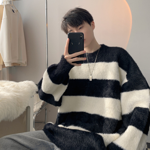 oversize黑白条纹毛衣男冬季宽松慵懒风高级感日系针织衫外套潮牌
