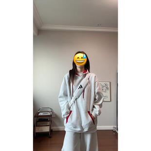 oversize白花灰撞色连帽斜切套头卫衣秋冬情侣卫衣设计感慵懒外套