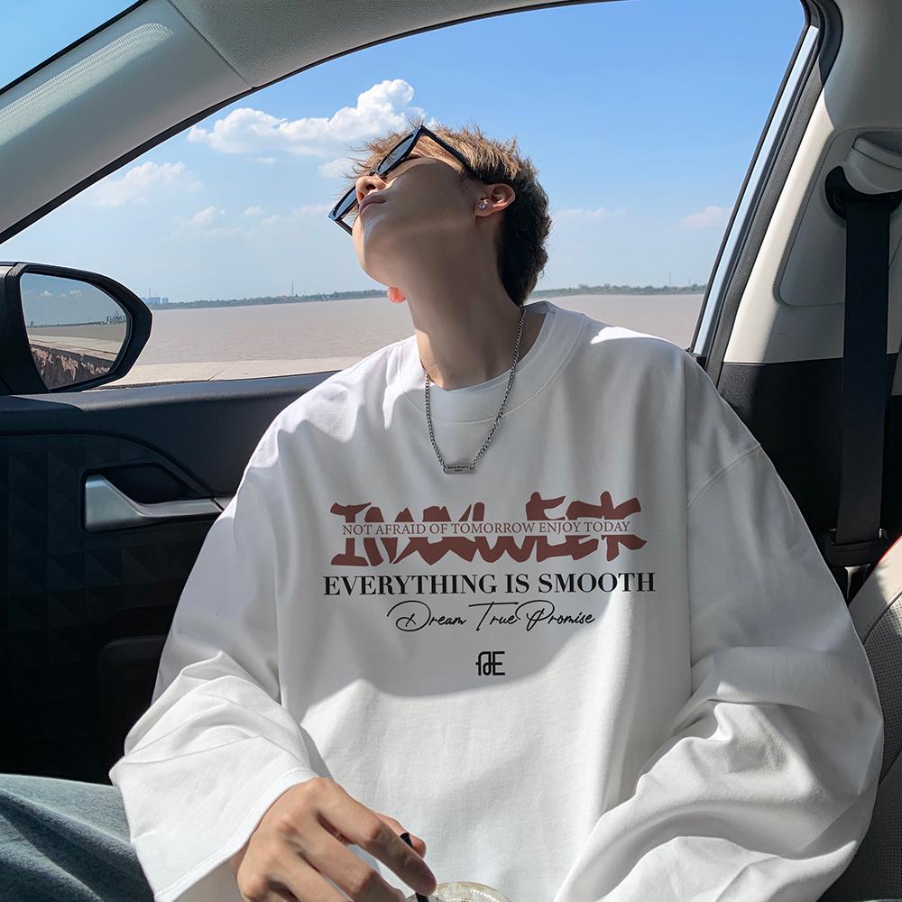 长袖t恤男士春季新款2025印花宽松打底衫青少年oversize圆领卫衣