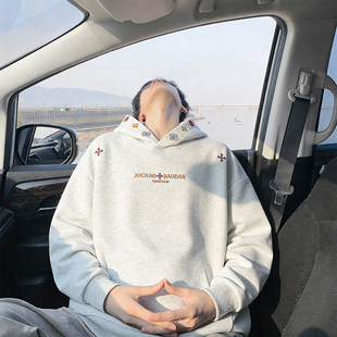 重磅设计感刺绣卫衣男秋冬款 宽松外套 潮流复古情侣上衣小众连帽衫