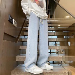 cleanfit直筒牛仔裤男款春季青少年浅色抽绳休闲阔腿微喇裤子男