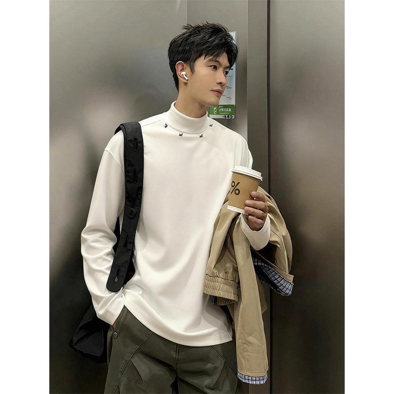 黑色半高领德绒打底衫男秋冬加厚保暖铆钉长袖t恤可外穿内搭卫衣