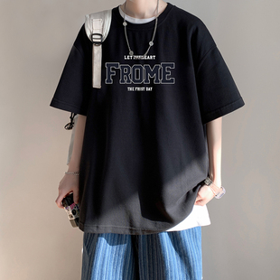 男生短袖t恤男士夏季重磅纯棉美式潮牌潮流宽松新款黑色衣服男款