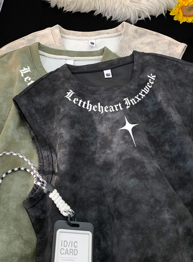 潮流美式扎染背心男士夏季高街情侣体恤宽松百搭休闲无袖t恤潮牌