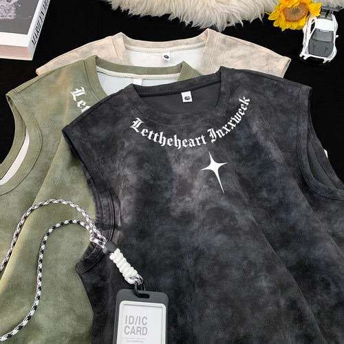 潮流美式扎染背心男士夏季高街情侣体恤宽松百搭休闲无袖t恤潮牌