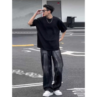 宽松百搭纯棉重磅五分袖 夏季 男生痞帅上衣t T恤男2025新款 黑色短袖