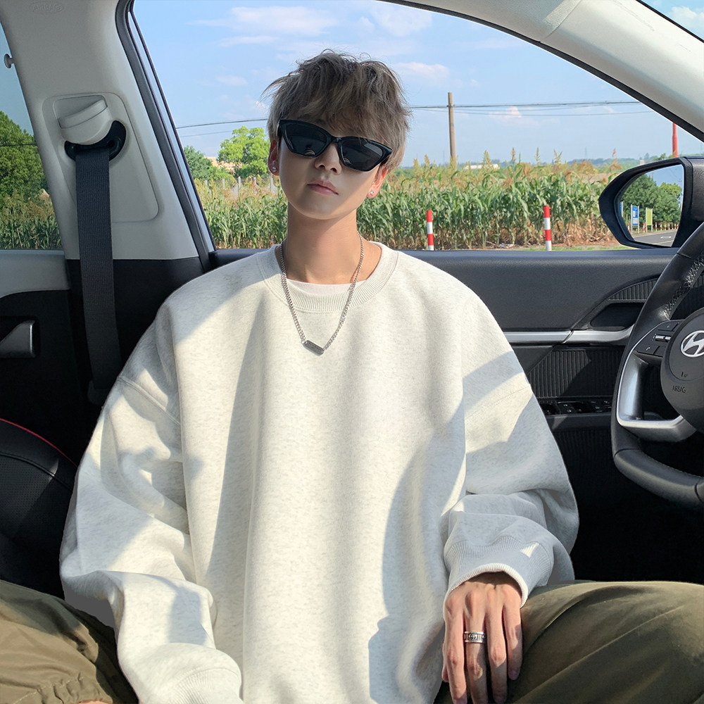 纯色圆领卫衣男士春秋季加绒加厚重磅潮牌美式无帽宽松外套帅潮牌