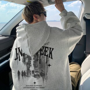 潮牌字母印花重磅黑色青少年痞帅外套 卫衣男秋季 美式 高街连帽长袖